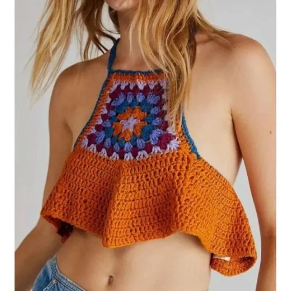 Free People Brown Bella Crochet Halter Top Size Large 38051